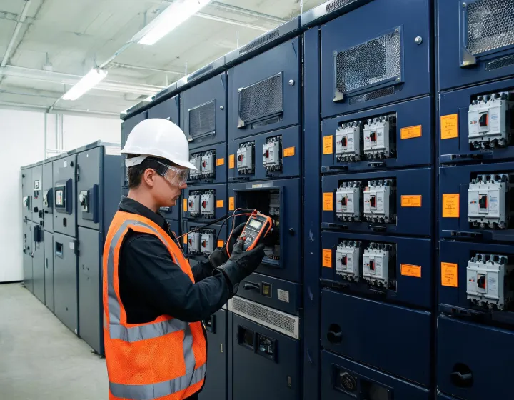 Technician checking molded case circuit breakers in an industrial switchboard