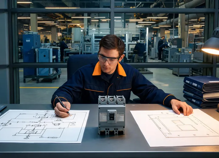 Electrical engineer reviewing circuit breaker drawings and nameplate data